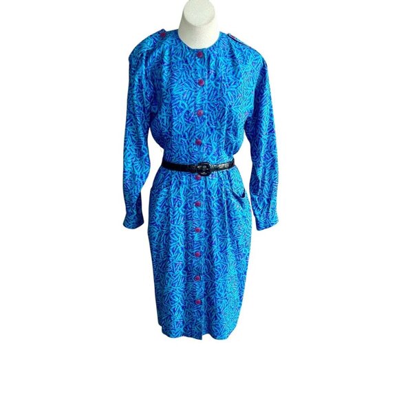 St. Gillian Vintage 80s Blue Purple Print 100% Silk Military Shirt Dress Size 6 - Picture 3 of 10